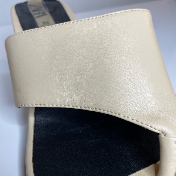 Zara Women Heeled Leather Square Toe Thong Sandals Beige/Nude Size 7 US 38 Euro - Picture 11 of 14